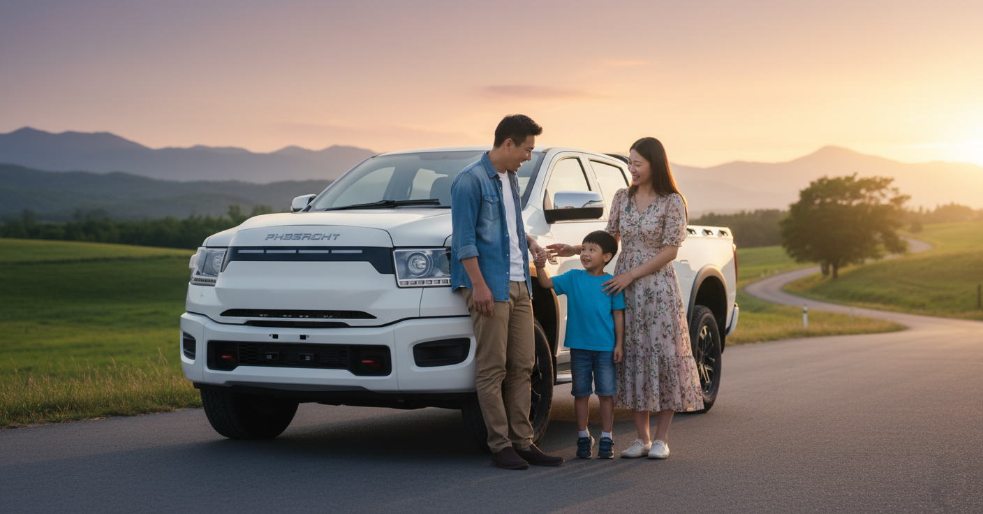 Family using electric vehicle